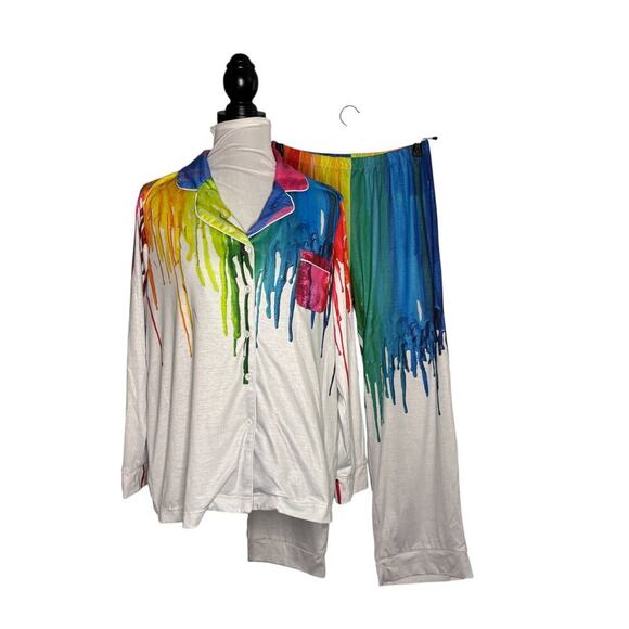 Paint Spill PJs Set White Rainbow Colors Size Medium - Picture 1 of 10